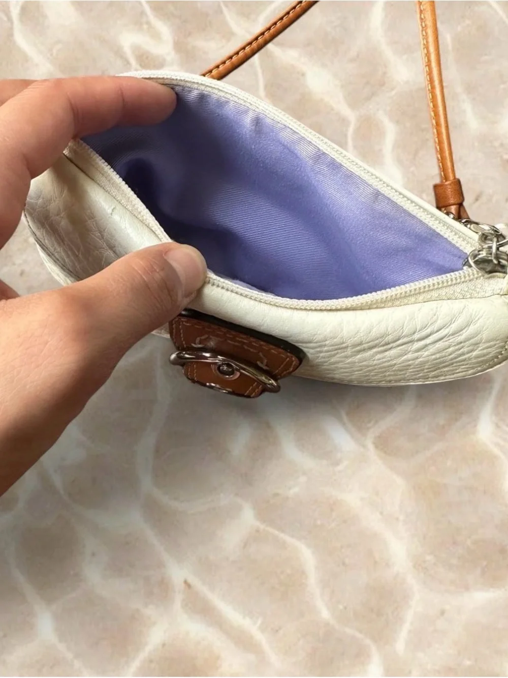 Coach Soho White Pebbled Leather Wristlet Wallet with Tan Buckle Accent